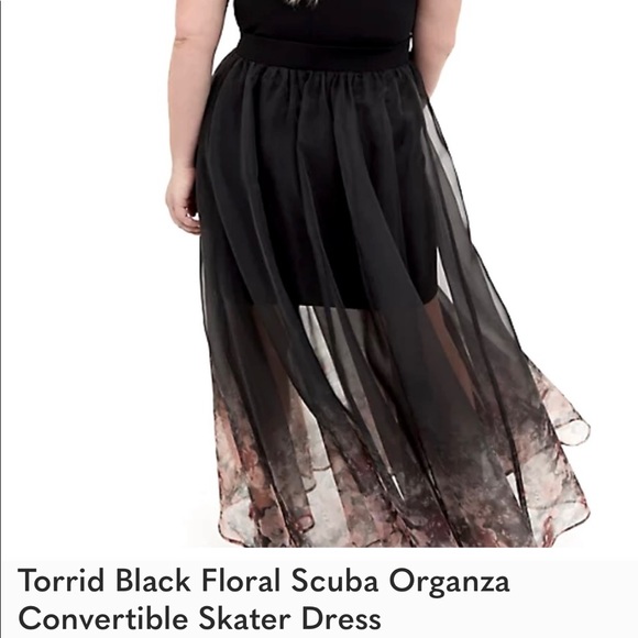 Torrid 2X black floral scuba organza convertible skater dress - Picture 2 of 4